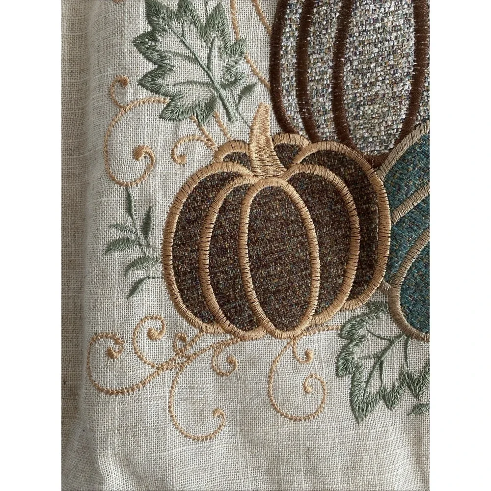 Secret Celebrity Tan Woven Pillow Cover Pumpkin Embroidery 16x16 Harvest Home